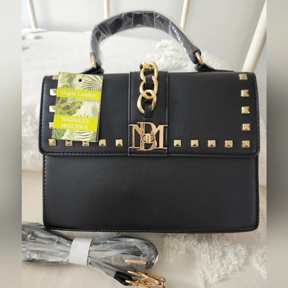 Badgley Mischka Black Vegan Leather Top-Handle Satchel With Crossbody Strap.